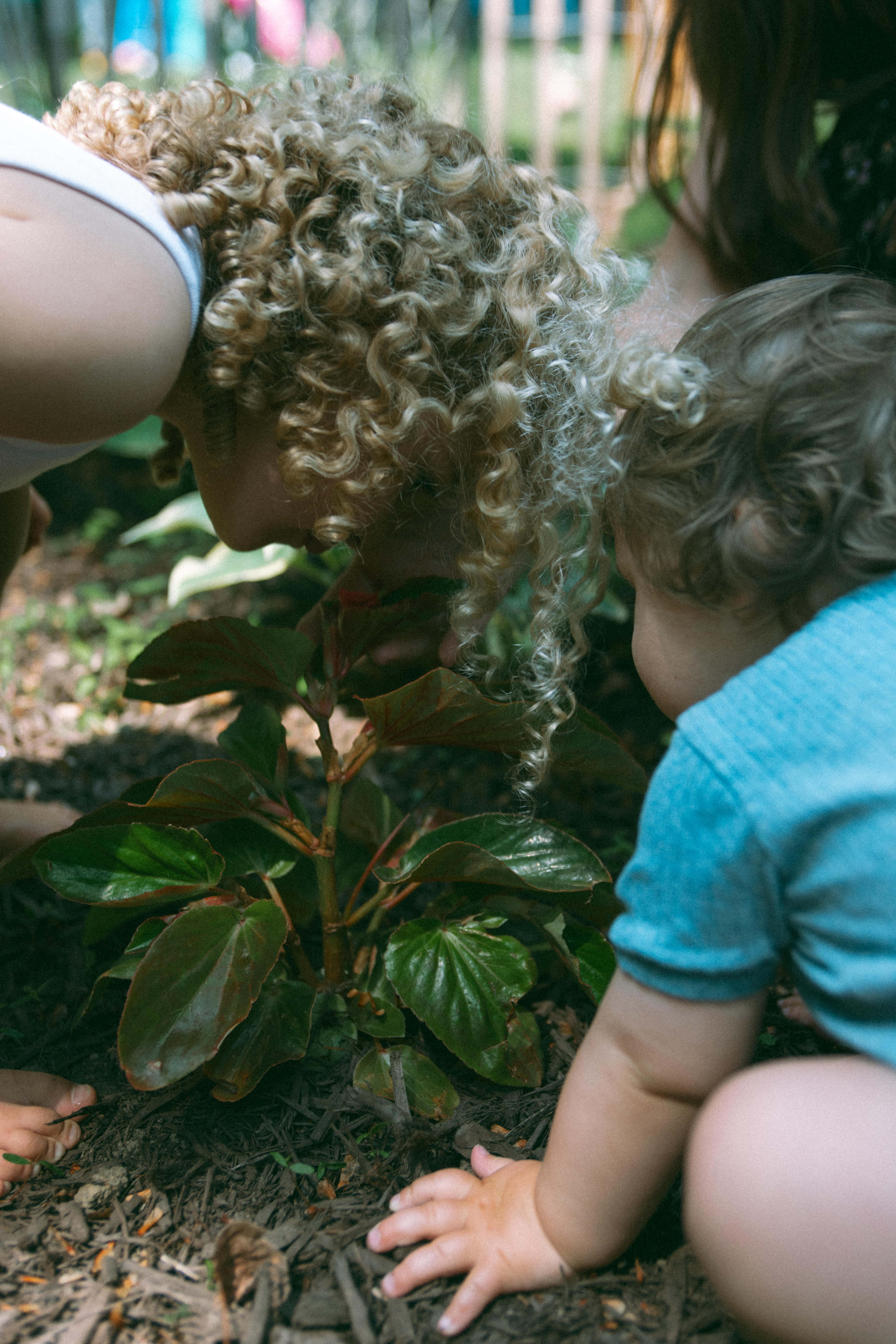 kids smelling the plants in the garden at the motherhood photoshoot 