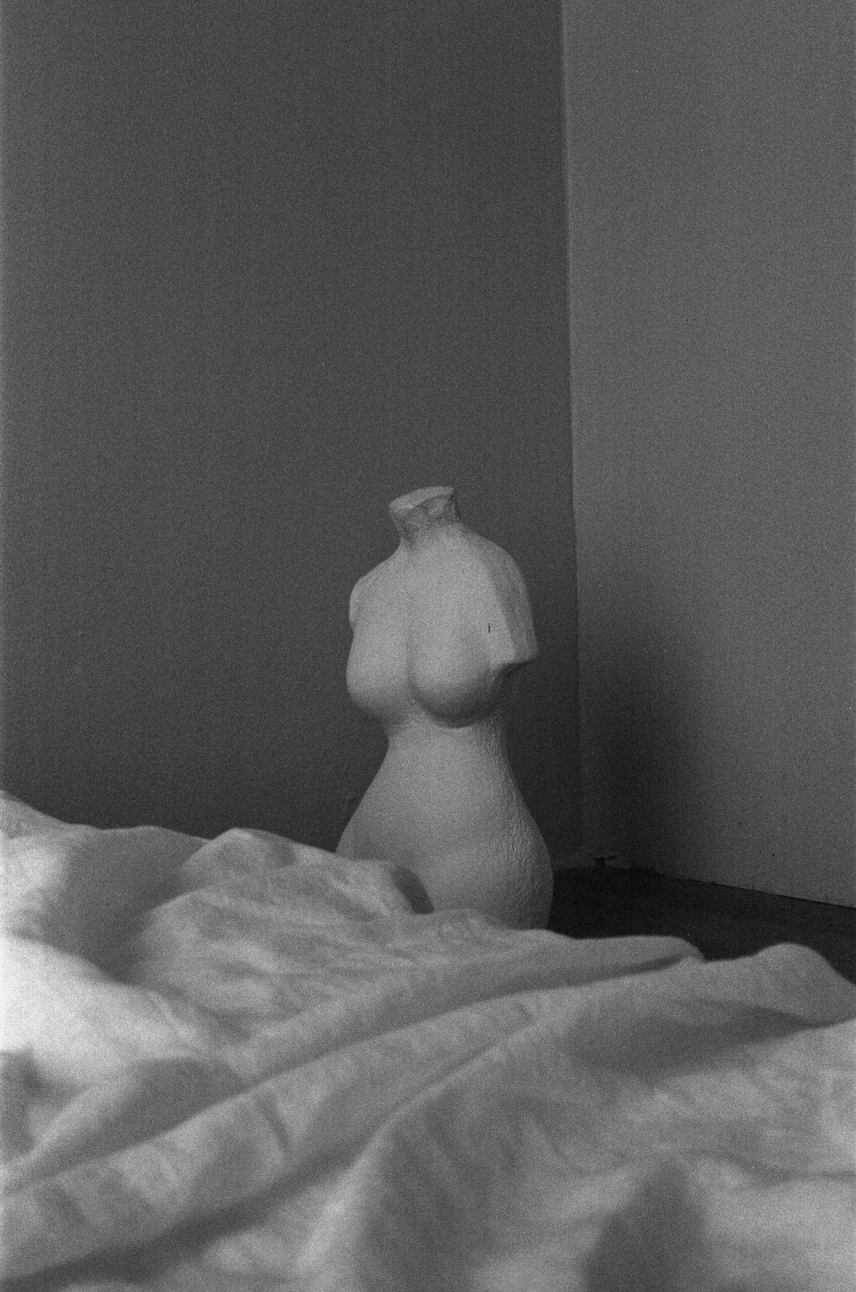 black and white photo of a mannequin of a woman's body