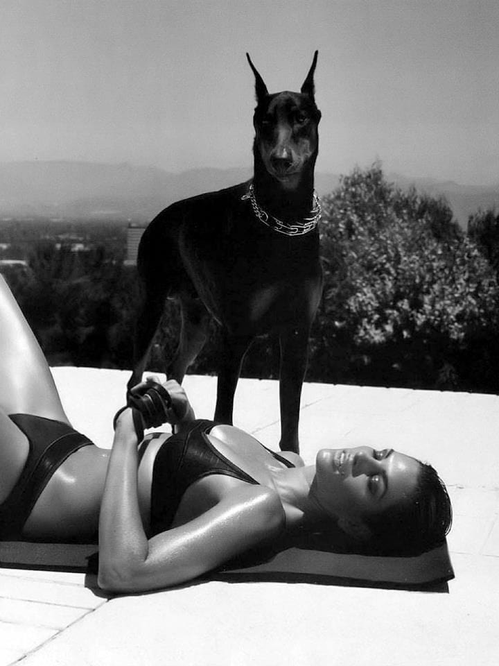 female photoshoot of a woman laying on the ground with a dog standing by her 
